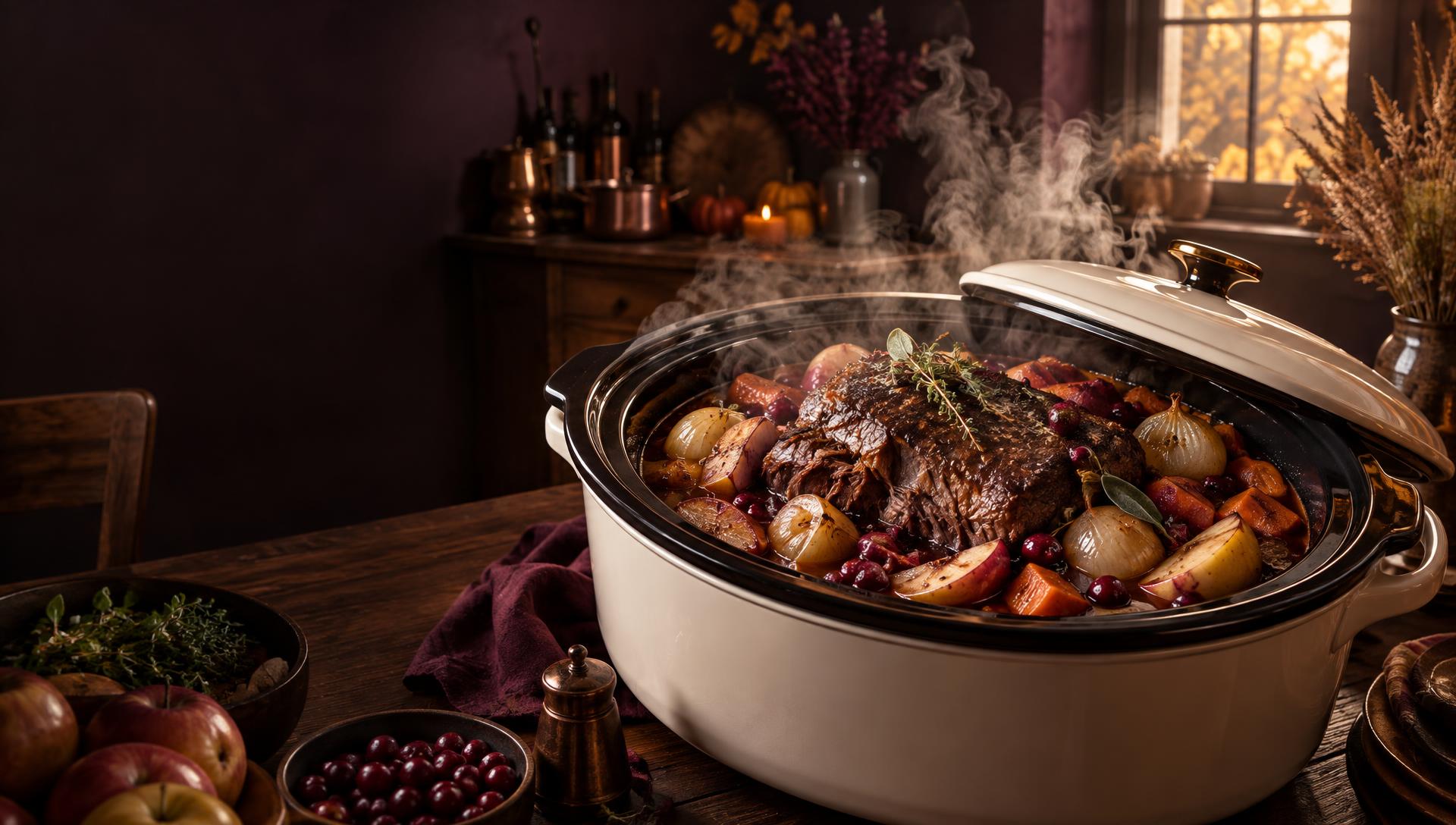 A slow cooker filled with an autumn pot roast, lid ajar, steam rising in warm golden light
